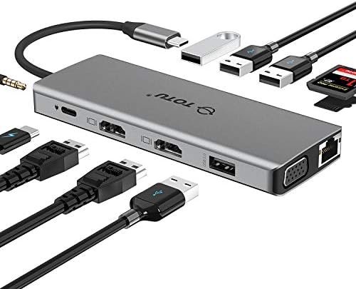 TOTU 13-in-1 USB-C hub connected to a laptop with multiple peripherals and external monitors.