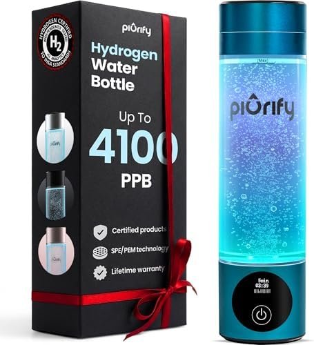 Turquoise hydrogen water bottle generating pure H2 with digital PPB display.