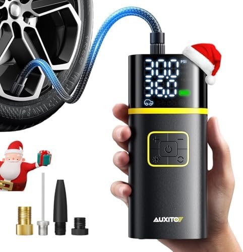 AUXITO portable tire inflator with dual display and LED flashlight.